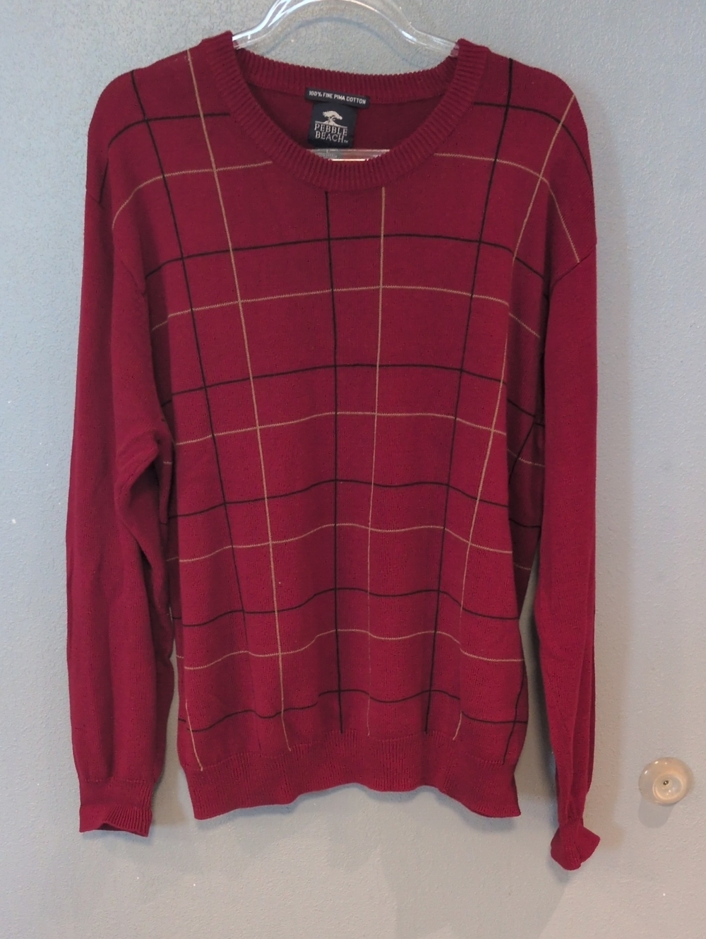 Pebble Beach 100% Pima Cotton Window Pane Plaid Grandpa Sweater Fisherman Chunky